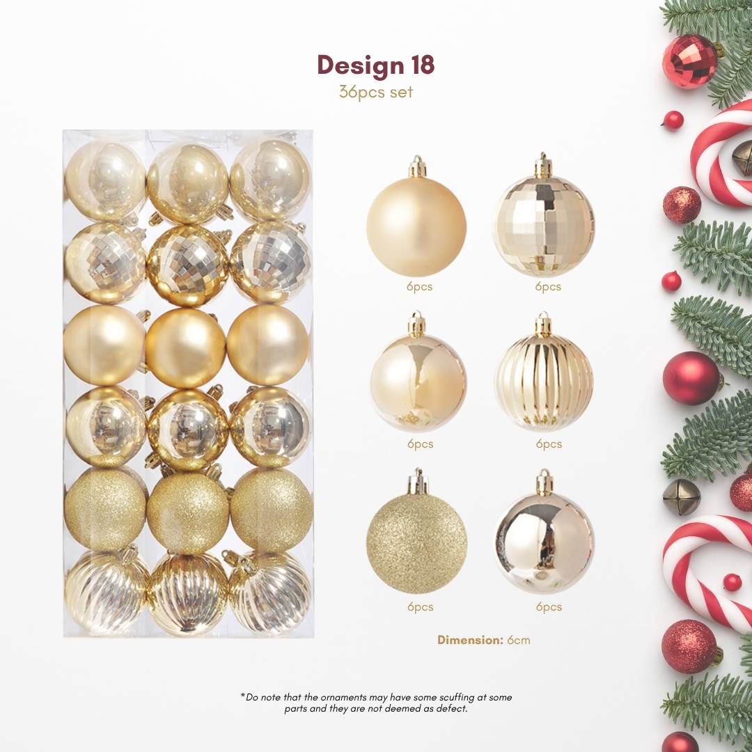 36pcs Set Gold Christmas Hanging Baubles Ornament (D18)