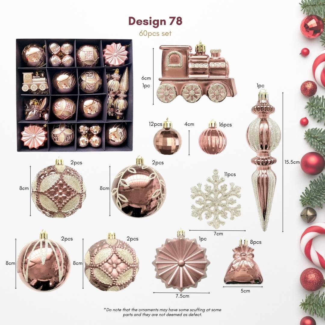 60pcs Set Rose Gold Christmas Hanging Baubles Ornament (D78)