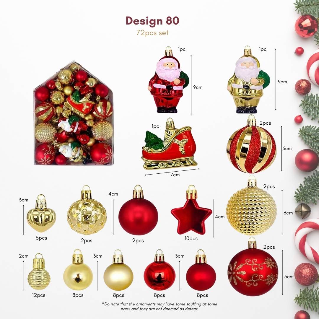 72pcs Set Red Gold Christmas Hanging Baubles Ornament (D80)
