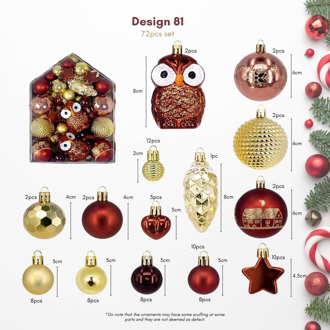 72pcs Set Gold Brown Christmas Hanging Baubles Ornament (D81)