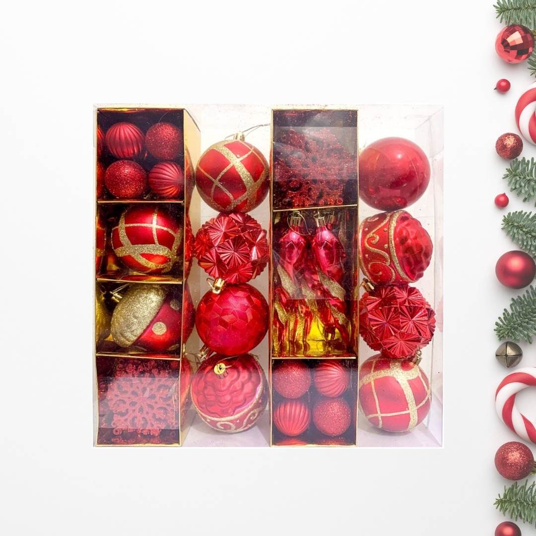 62pcs Set Red Christmas Hanging Baubles Ornament (D23)