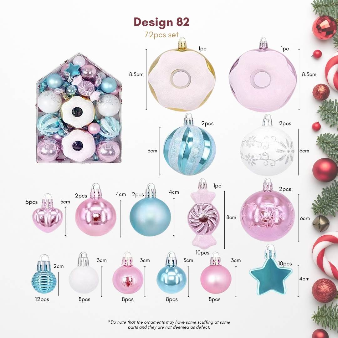 72pcs Set Pastel Pink & Blue Christmas Hanging Baubles Ornament (D82)