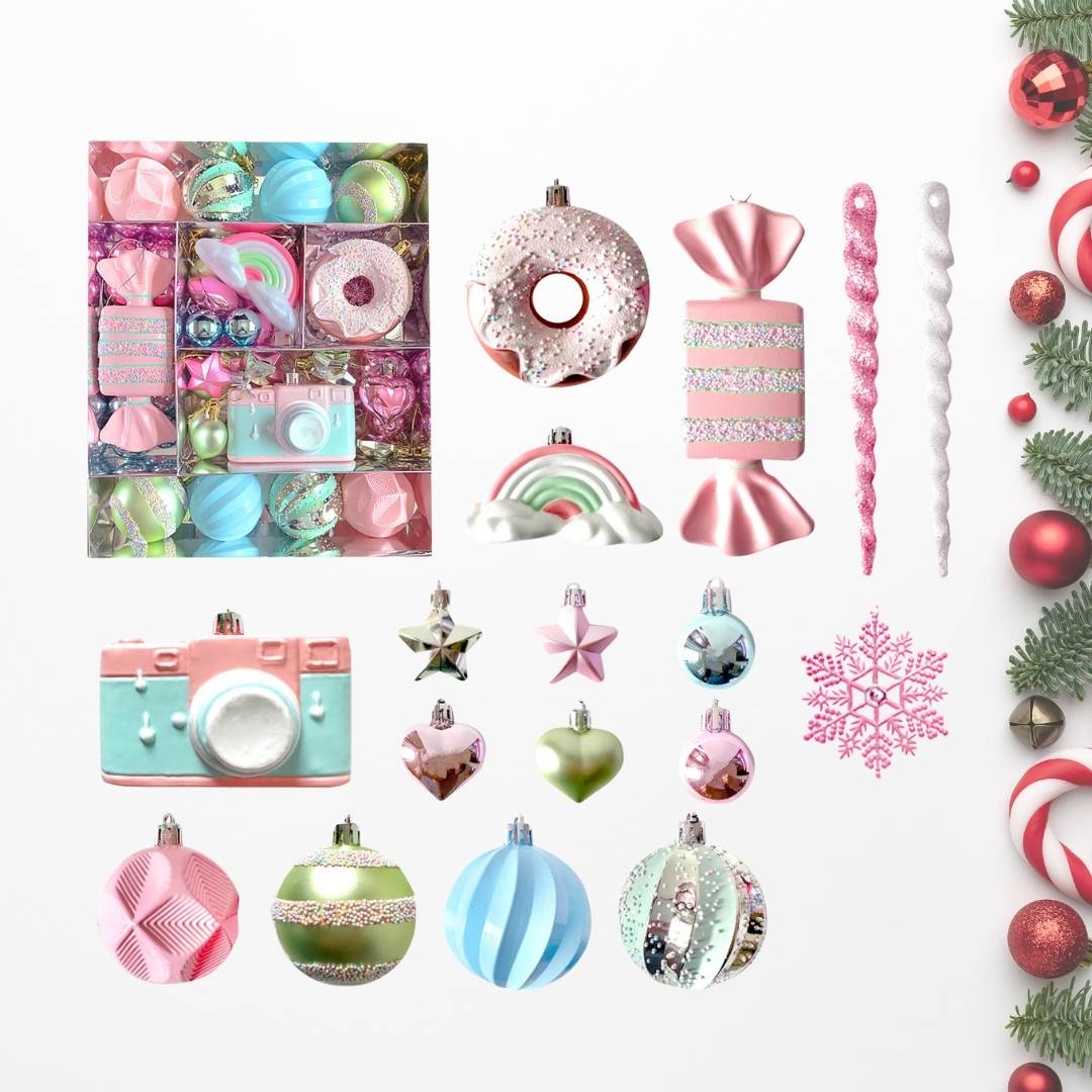 58pcs Set Pastel Pink & Blue Christmas Hanging Baubles Ornament (D83)