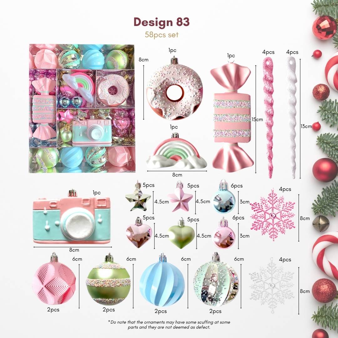 58pcs Set Pastel Pink & Blue Christmas Hanging Baubles Ornament (D83)