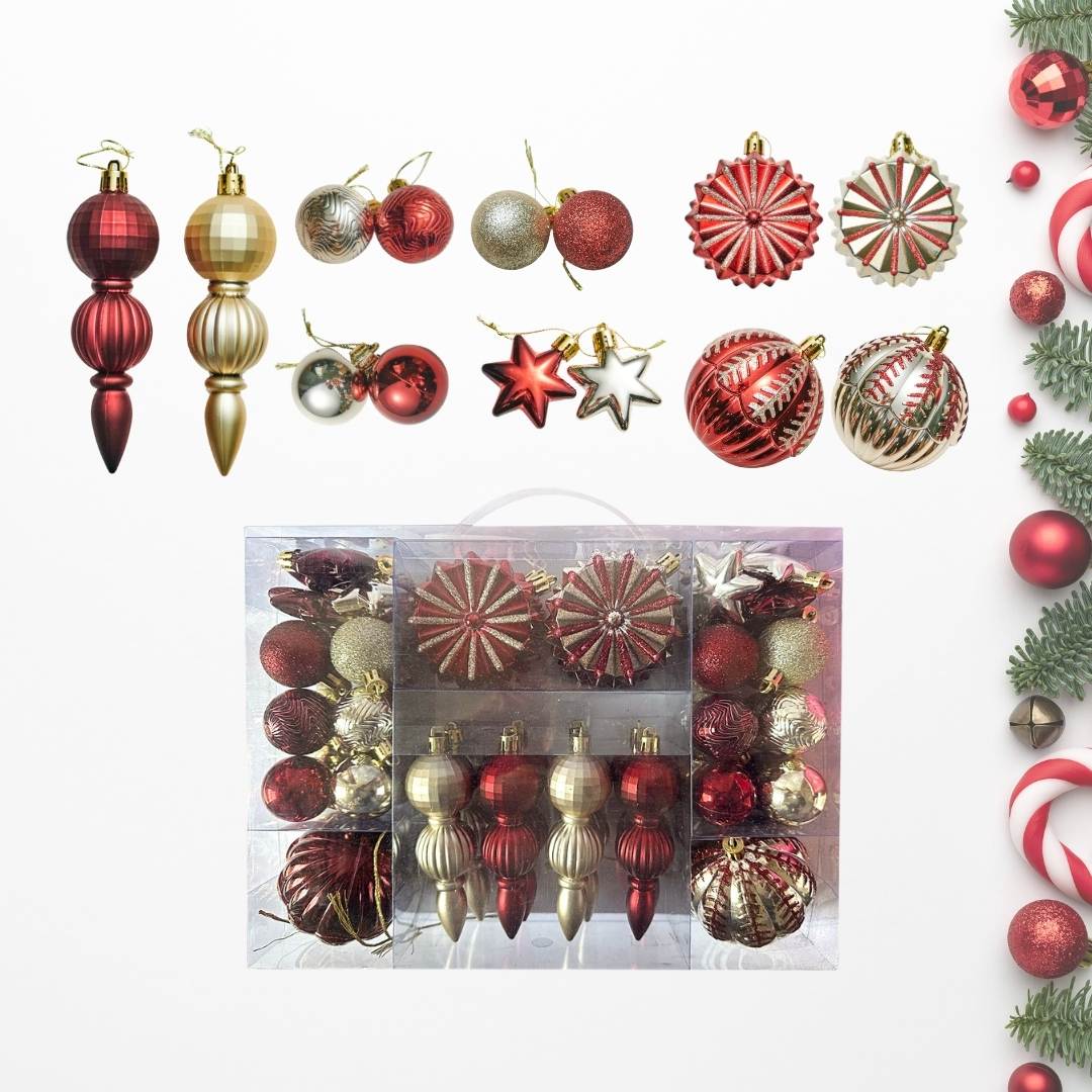 52pcs Set Red Gold Christmas Hanging Baubles Ornament (D84)