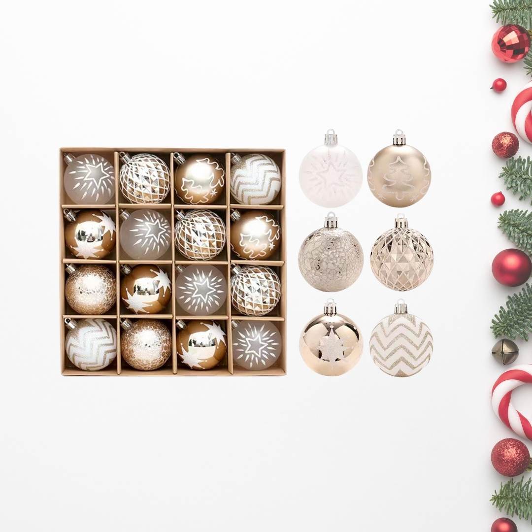 16pcs Set Gold White Christmas Hanging Baubles Ornament (D26)