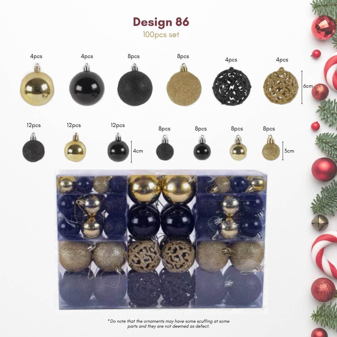 100pcs Set Black Gold Christmas Hanging Baubles Ornament (D86)
