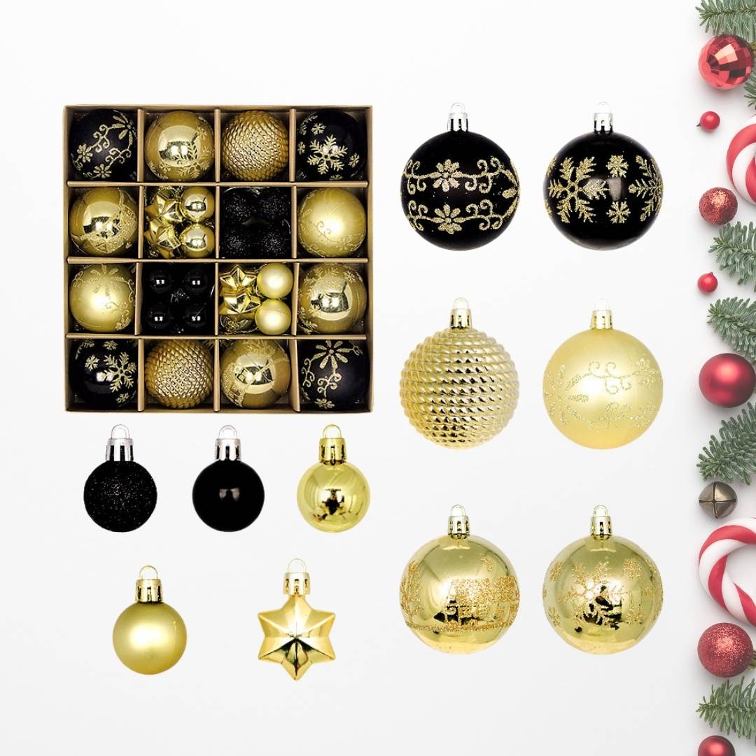 44pcs Set Black Gold Christmas Hanging Baubles Ornament (D87)