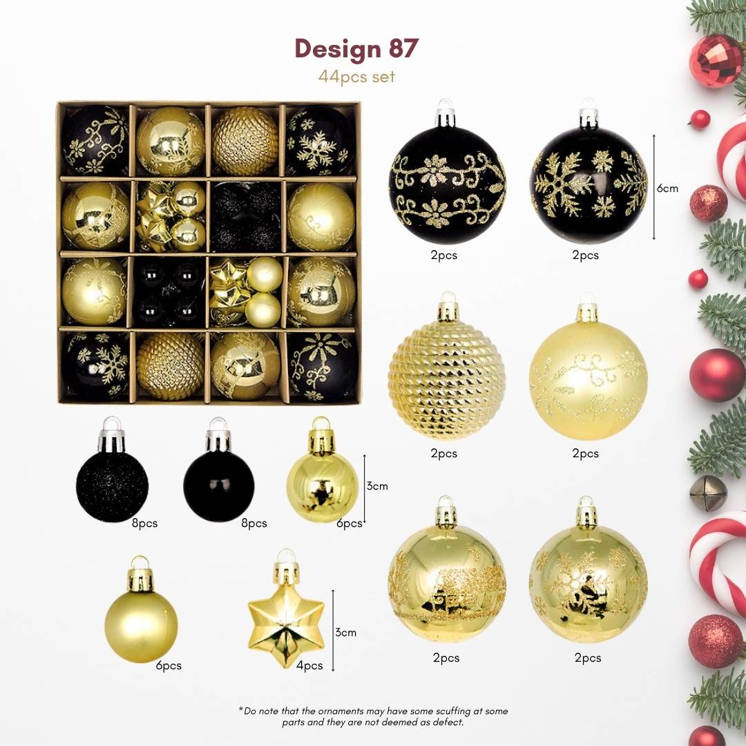 44pcs Set Black Gold Christmas Hanging Baubles Ornament (D87)