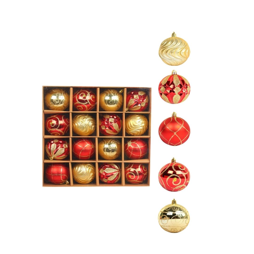 16pcs Set 8cm Gold Red Christmas Hanging Baubles Ornament