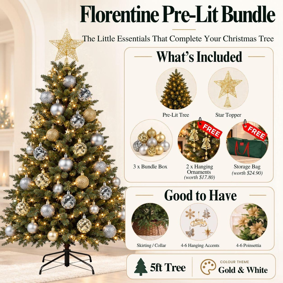 Florentine Prelit Lights Gold Silver Christmas Tree Bundle Set