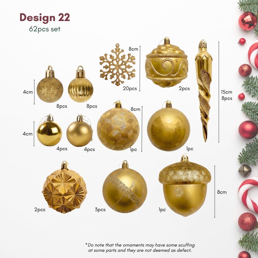 Gold 62pcs Set Christmas Hanging Ornaments for Christmas Tree great for artificial and real tree in Singapore Homes
