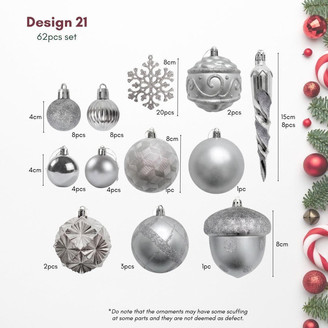Silver 62pcs Set Christmas Hanging Ornaments for Christmas Tree great for artificial and real tree in Singapore Homes