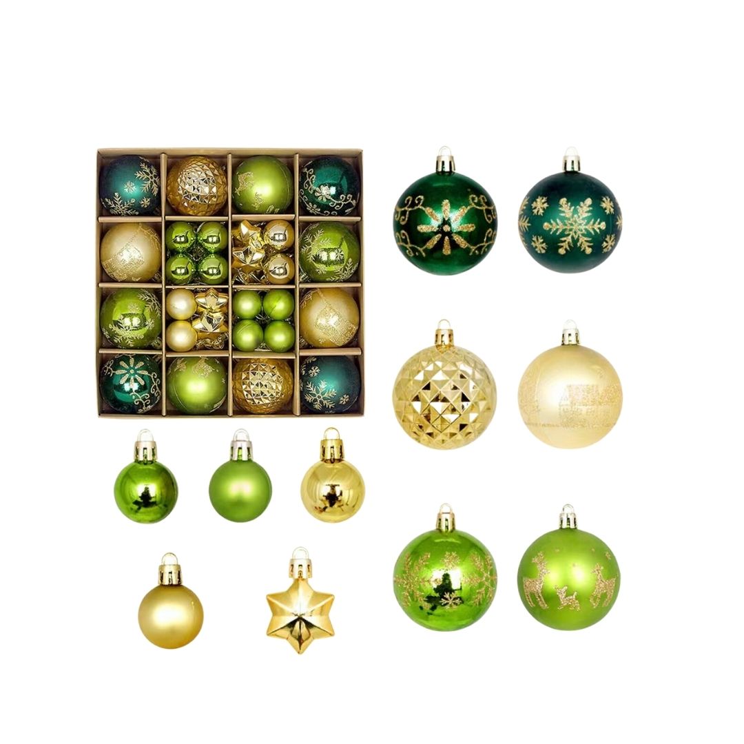 44pcs Set Green Gold Christmas Hanging Baubles Ornament