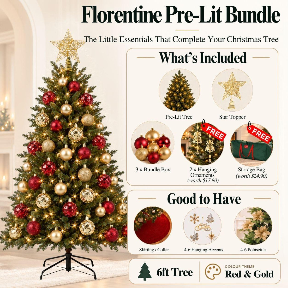 FLorentine Prelit LED 6FT Red and Gold Christmas Tree Bundle