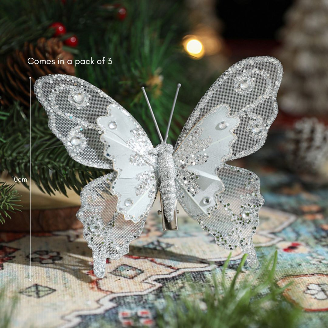 Silver Butterfly Pin Christmas Ornament