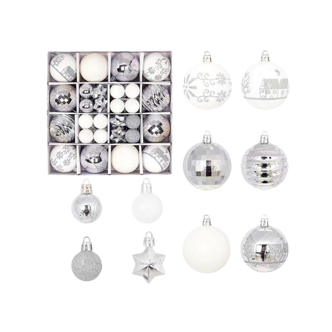 44pcs Set Silver White Christmas Hanging Baubles Ornament