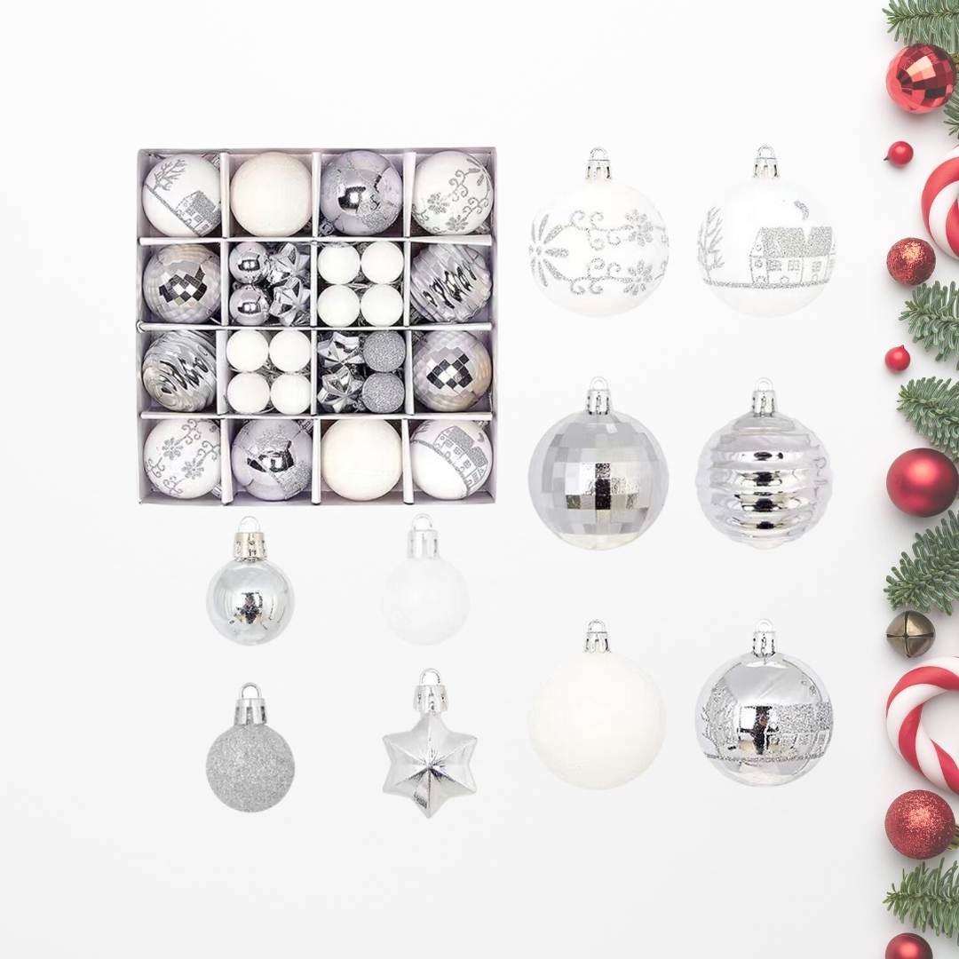 44pcs Set Silver White Christmas Hanging Baubles Ornament (D37)