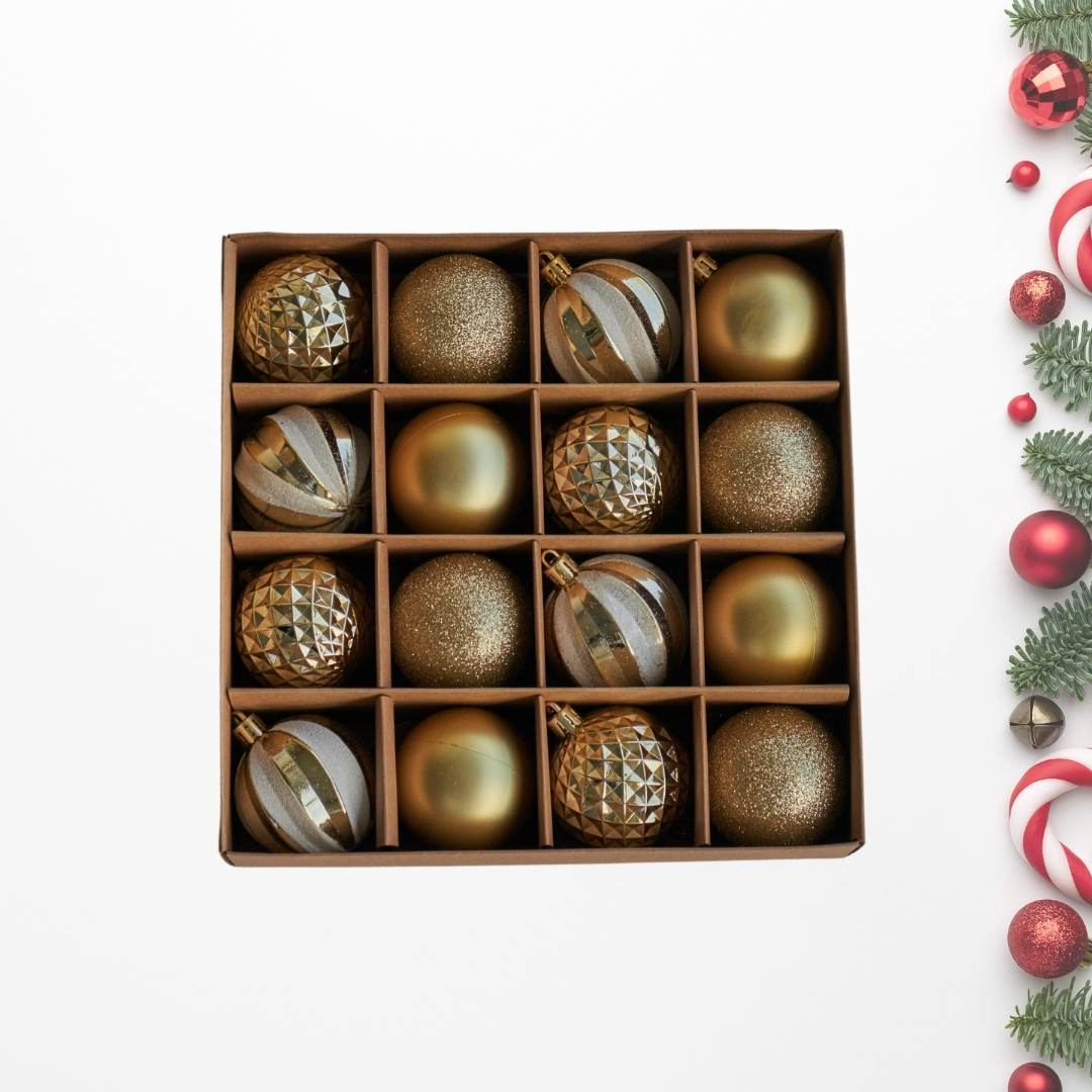 16pcs Set Gold White Christmas Hanging Baubles Ornament (D40)