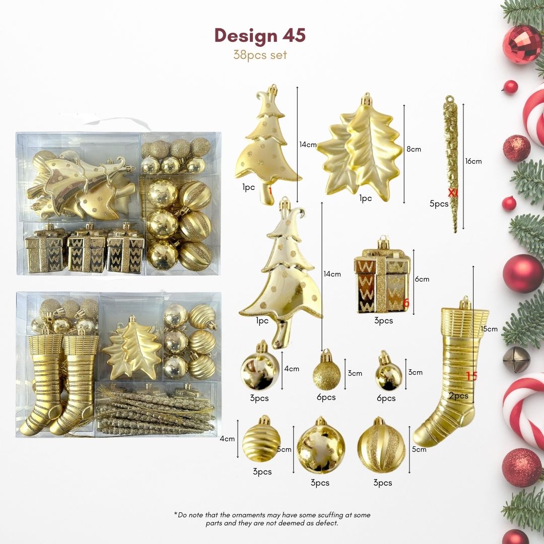 38pcs Set Gold Christmas Hanging Baubles Ornament