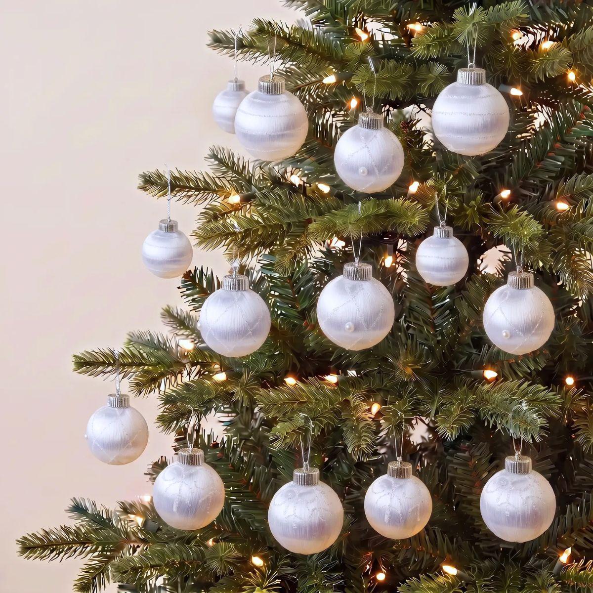 White Satin Pearl Accents 8cm 18pcs Christmas Baubles for Christmas Tree in Singapore