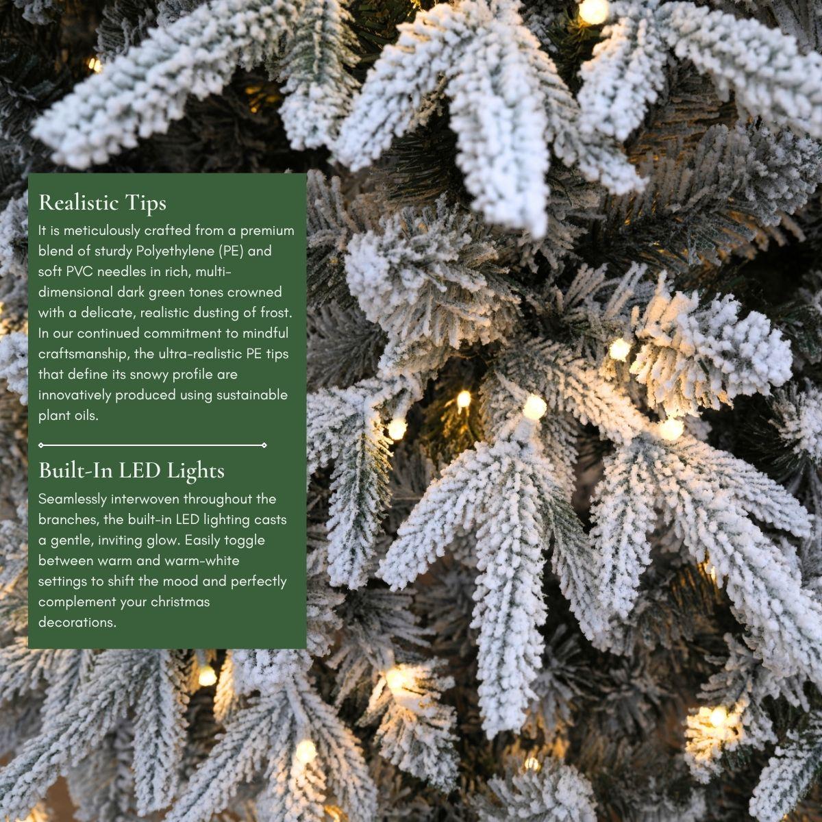 Close-up of heavily flocked branches with warm white lights, perfect for a Christmas Tree in Singapore.