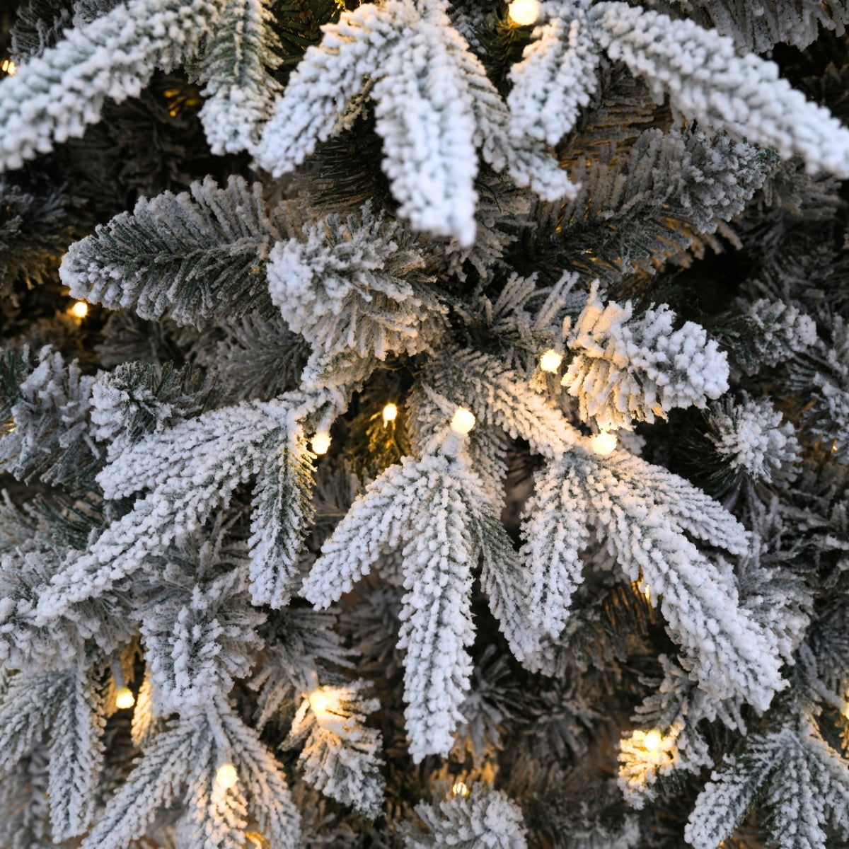 Close-up of heavily flocked branches with warm white lights, perfect for a Christmas Tree in Singapore.
