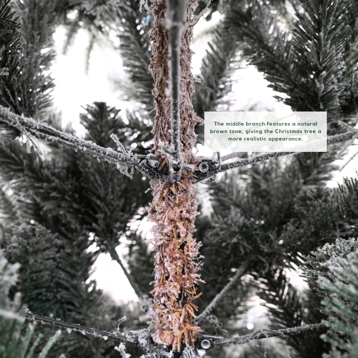 Close-up of the easy-assemble hinges on a Christmas tree in Singapore, demonstrating the realistic trunk.