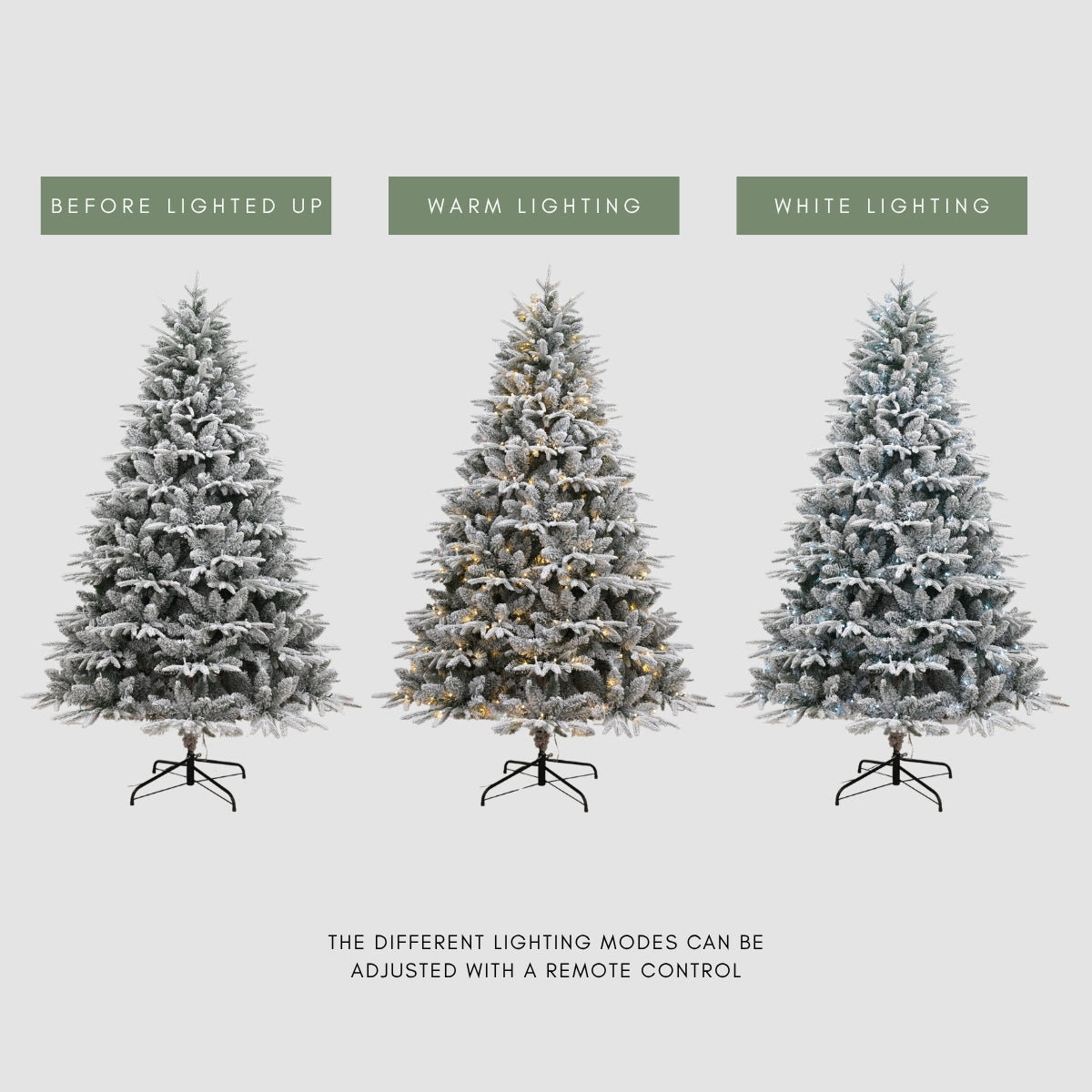 Three lighting modes (Unlit, Warm, White) on a single Christmas tree in Singapore, adjustable by remote.