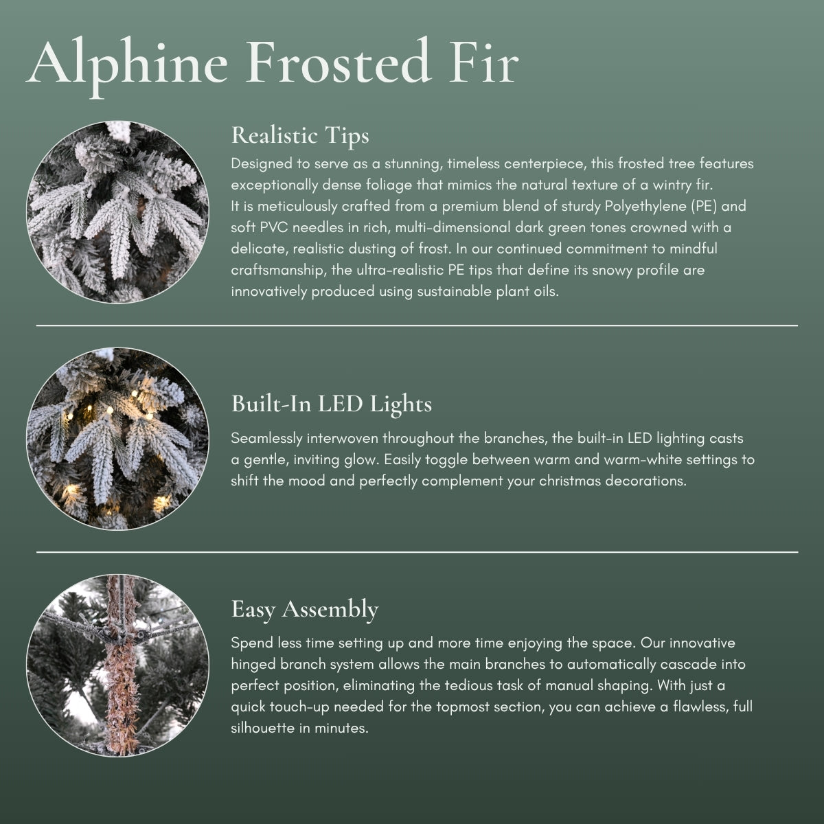 Alphine Frosted Fir features infographic for a Christmas Tree in Singapore, detailing "Realistic Tips," "Built-In LED Lights," and "Easy Assembly."