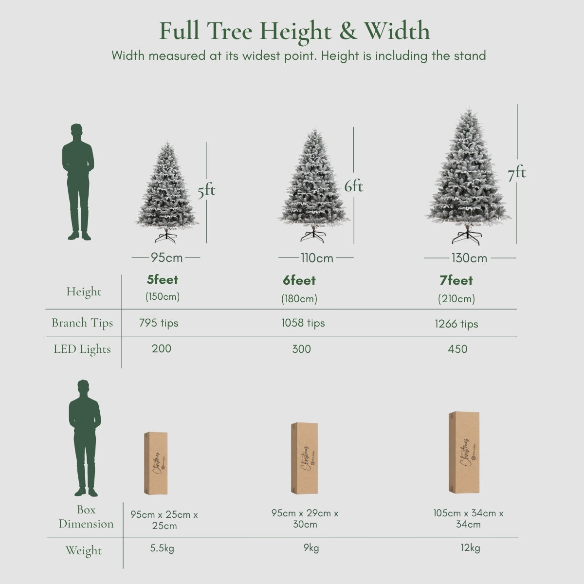 Size and measurement comparison infographic for a Christmas Tree in Singapore, detailing 5ft, 6ft, and 7ft options.