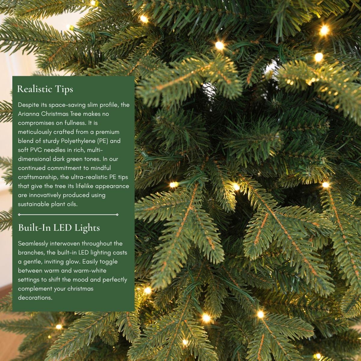 Detailed close-up of dense artificial branches with integrated, glowing warm white LED lights on a space saving slim tree ideal for small homes and Christmas Tree Singapore.