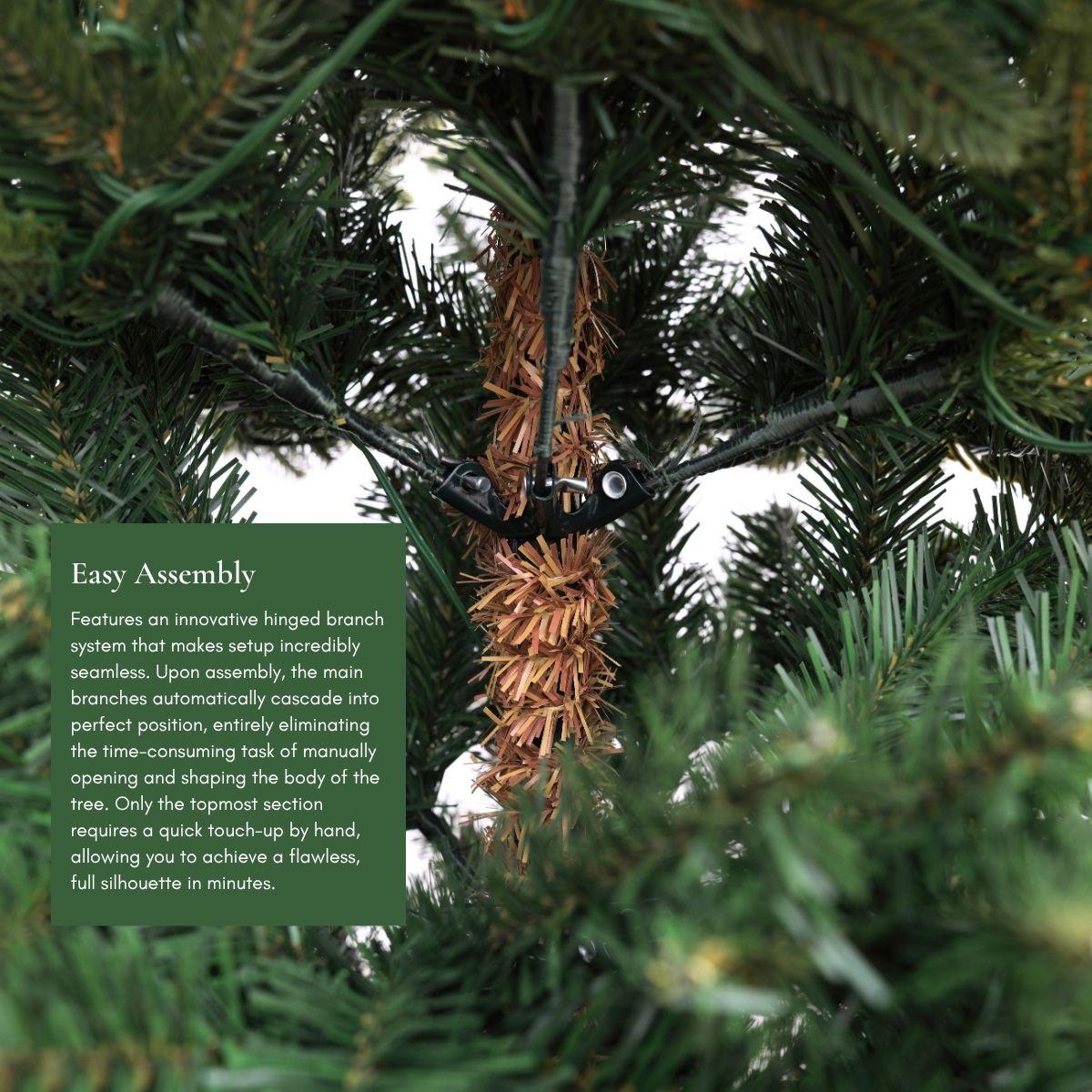 Close-up of the easy hinged branch assembly system, illustrating quick setup of a space saving, realistic Christmas Tree Singapore perfect for HDB flats.