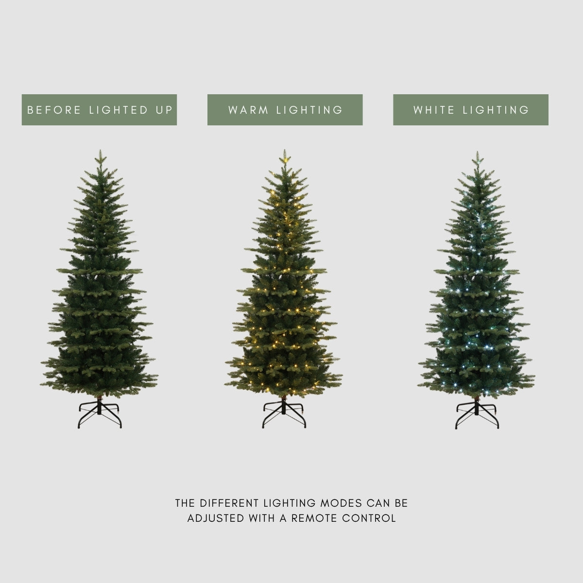 Infographic comparing unlit, warm white, and cool white LED lighting modes, adjustable by remote, on a slim tree designed for Christmas Tree Singapore and small homes.