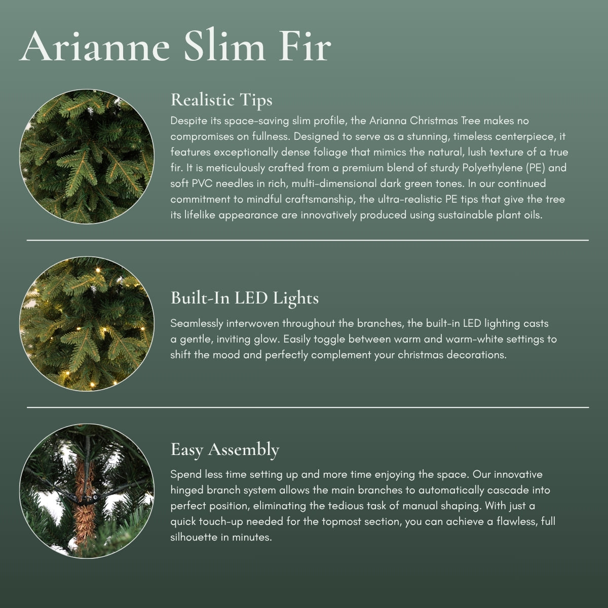 Detailed feature infographic for the Arianne Slim Christmas Tree, a space saving slim tree best for HDB homes, detailing realistic tips and pre-lit lights for a festive Christmas Tree Singapore.
