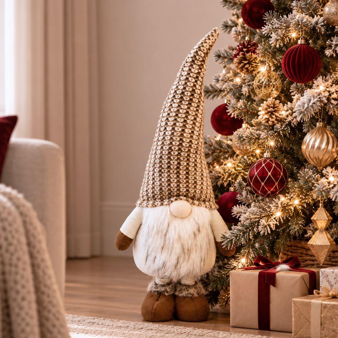 Arlo Nordic knit standing Christmas gnome at original 65cm height with brown patterned hat, white beard and brown boots on cream background