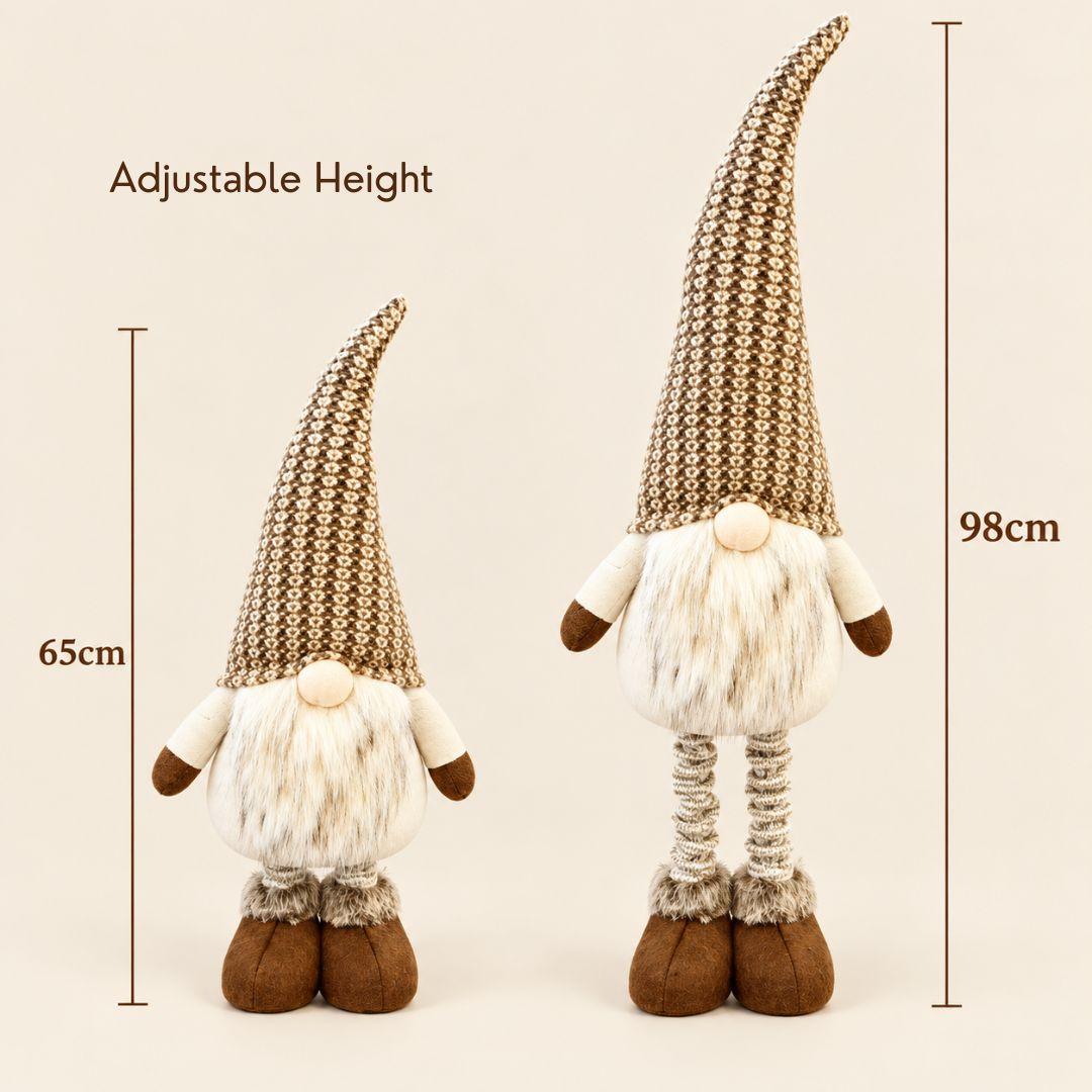 Arlo Nordic knit standing Christmas gnome at original 65cm height with brown patterned hat, white beard and brown boots on cream background