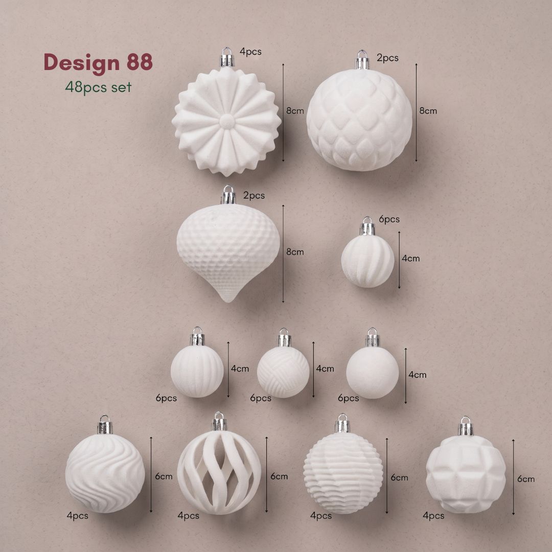 A boxed set of 48pcs glitter-free velvet plastic beige Christmas baubles ranging from 4cm to 8cm.