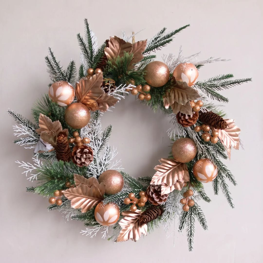 Bellery Design I - Premium 50cm Artificial Christmas Wreath with Rose Gold Baubles, Pinecones, and Snow Tips Centerpiece for Singapore Homes - Speckled Space
