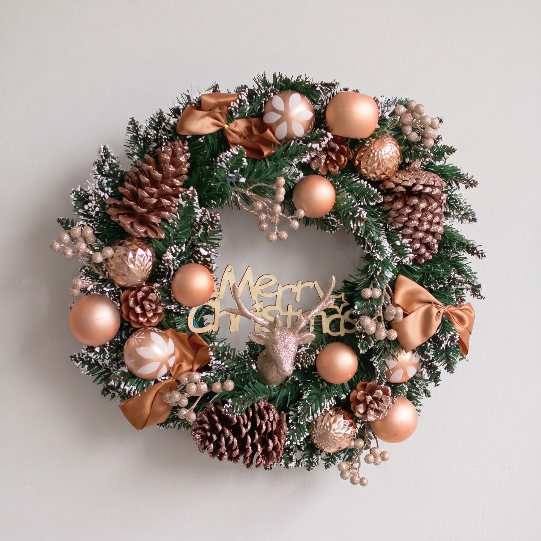 Bellery Design A - Premium 50cm Artificial Christmas Wreath with Rose Gold Baubles, Pinecones, and Reindeer Centerpiece for Singapore Homes - Speckled Space
