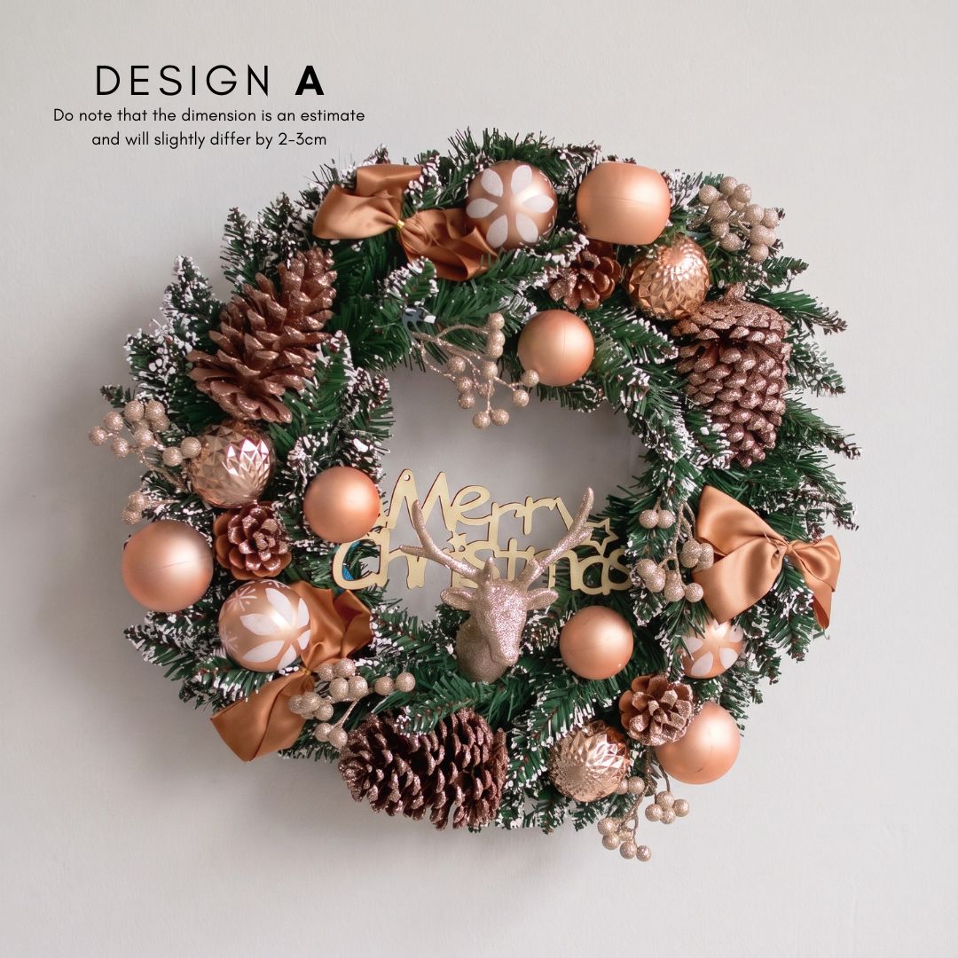 Bellery Design A - Premium 50cm Artificial Christmas Wreath with Rose Gold Baubles, Pinecones, and Reindeer Centerpiece for Singapore Homes - Speckled Space