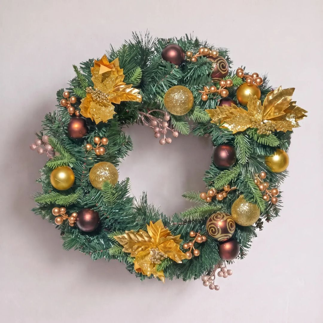 Bellery Design A - Premium 50cm Artificial Christmas Wreath with Gold and Brown Baubles, Gold Pinecones, and Poinsettia Centerpiece for Singapore Homes - Speckled Space
