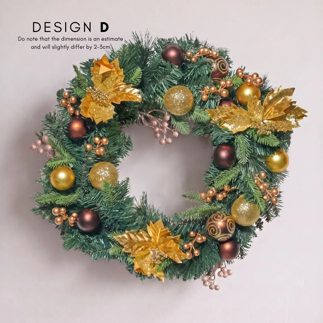 Bellery Design A - Premium 50cm Artificial Christmas Wreath with Gold and Brown Baubles, Gold Pinecones, and Poinsettia Centerpiece for Singapore Homes - Speckled Space