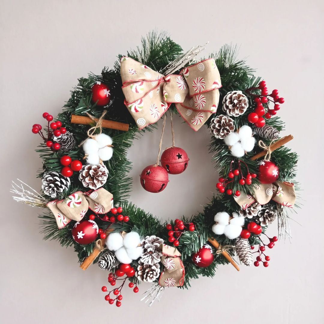 Bellery Design G - Premium 50cm Artificial Christmas Wreath with Red White Decorative PIeces with Ribbon, Pinecones, and Bells Centerpiece for Singapore Homes - Speckled Space