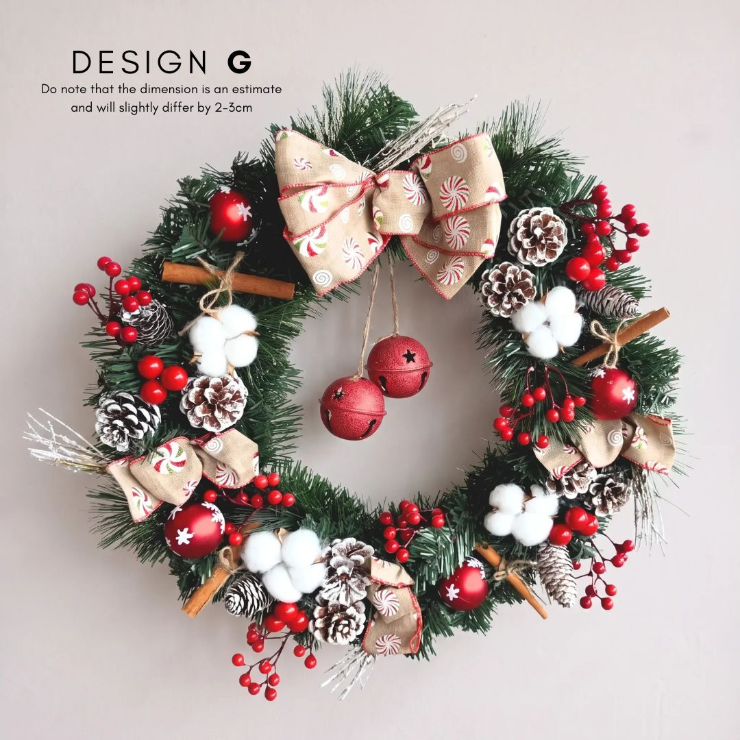 Bellery Design G - Premium 50cm Artificial Christmas Wreath with Red White Decorative PIeces with Ribbon, Pinecones, and Bells Centerpiece for Singapore Homes - Speckled Space