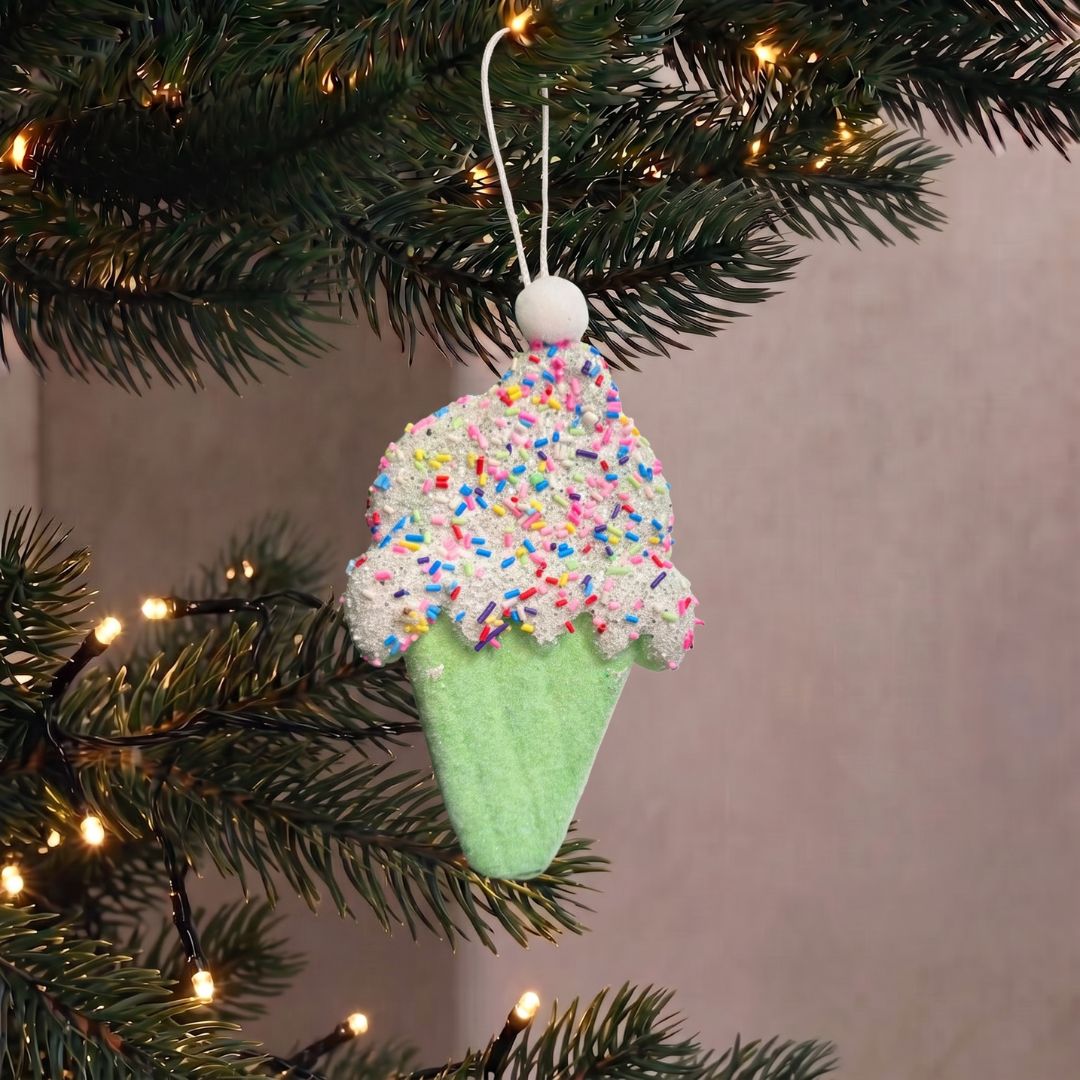 Candyland hanging mint green ice cream ornament with colorful sprinkles, styled as a whimsical Christmas decoration in Singapore.