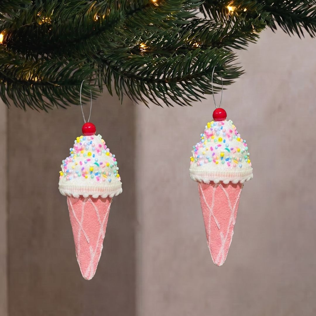 Candyland hanging pastel pink ice cream ornament with colorful sprinkles, styled as a whimsical Christmas decoration in Singapore.
