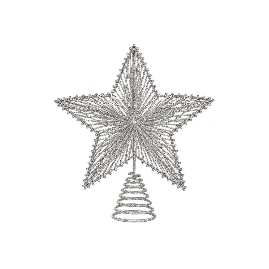 Silver glitter star tree topper on an artificial Christmas tree with warm white lights
