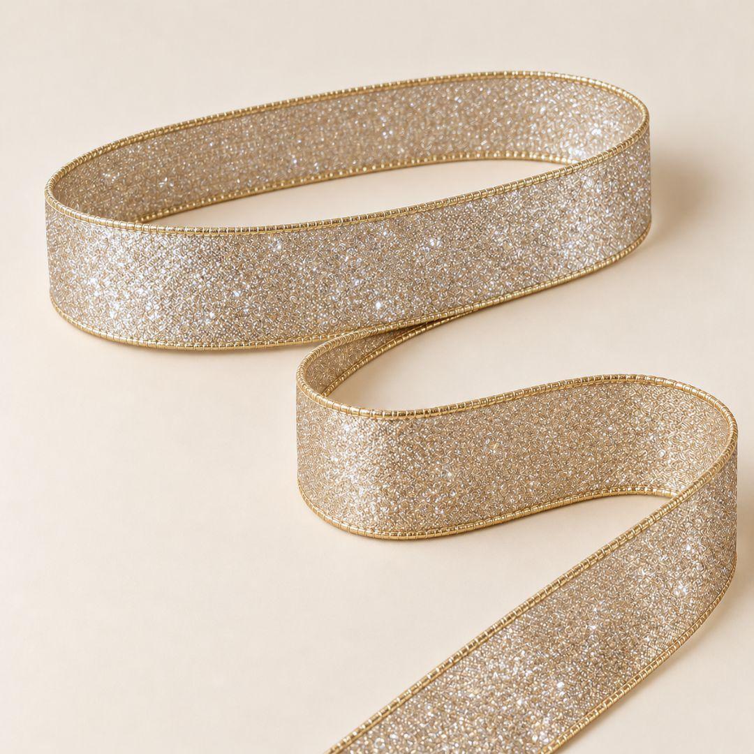 Champagne gold glitter Christmas ribbon with wired edges, 5.5cm wide and 10m long, ideal for Christmas tree bows, wreaths, garlands and festive decorations.