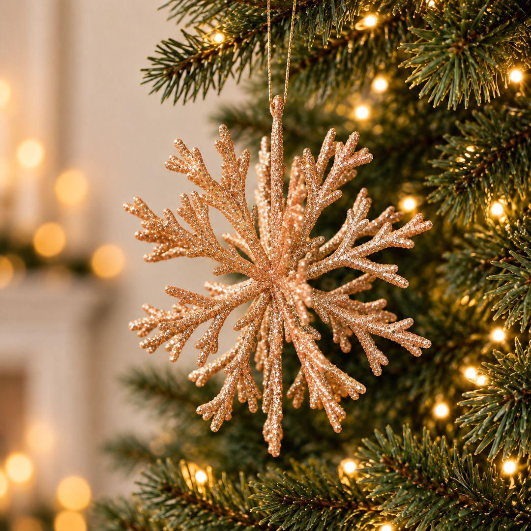 Champagne gold glitter snowflake Christmas ornament hanging on a Christmas tree with warm fairy lights.